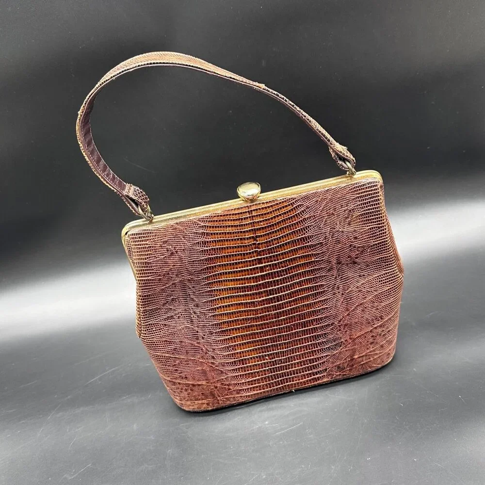 Vintage Purse Lizard Leather Handbag Lesco Mid Century Brown Gold Hardware Retro - Picture 1 of 16